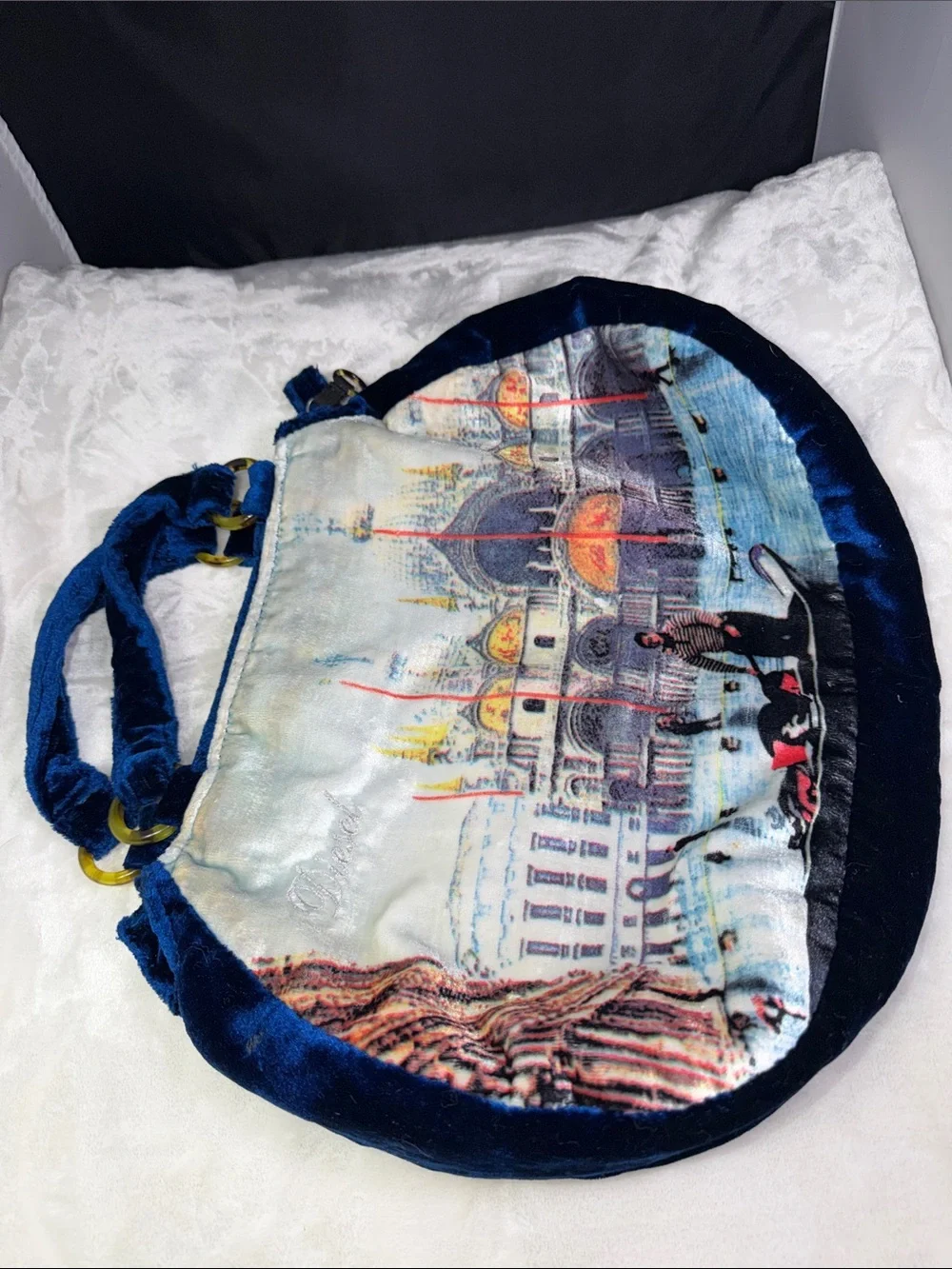 Vintage Diesel Blue Velvet Venice Gondola Print Hobo Handbag Y2K Shoulder Bag